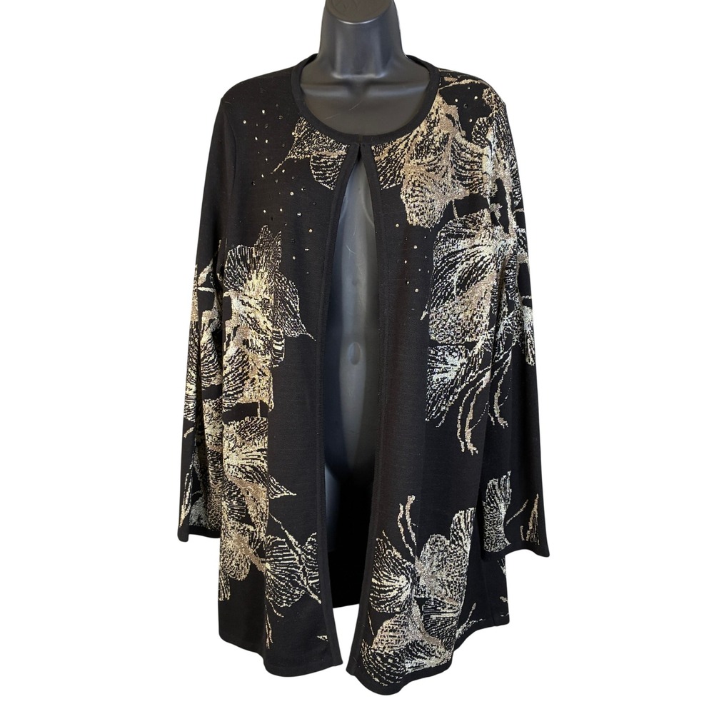 Chicos Black Gold Metallic Floral Cardigan Rhinestone Open Front Sweater Size 3